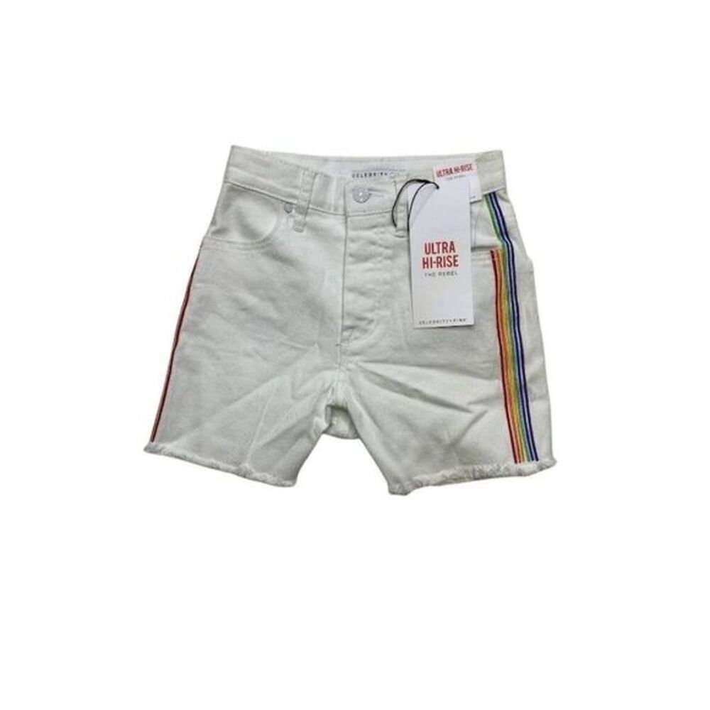 Celebrity Pink Jean Shorts 3‎ White Juniors' Rainbow Stripe Stretch Raw-Hem NEW